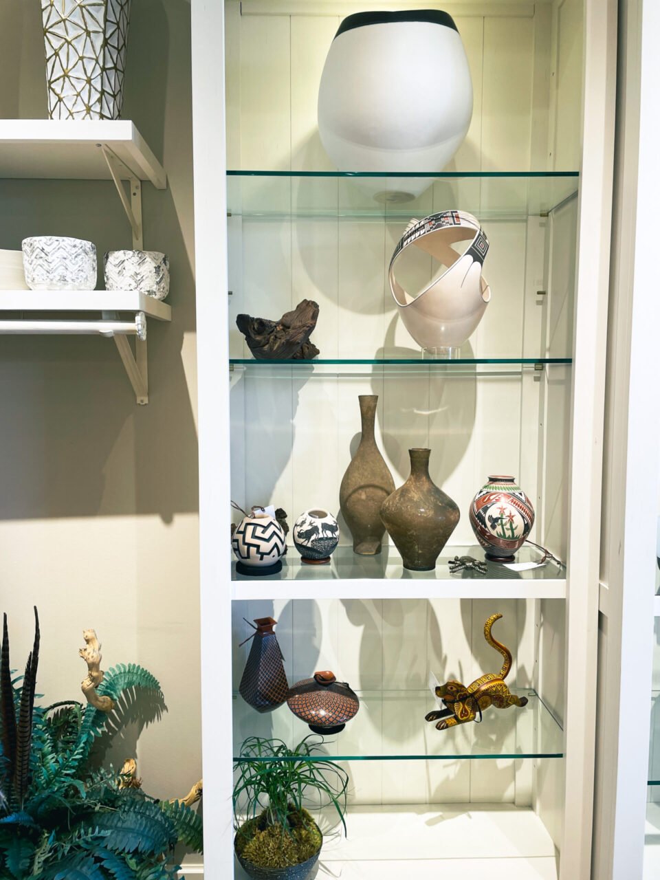 A display case with many vases and plants on it.
